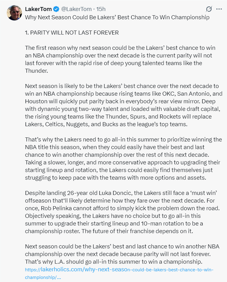 美记解析明年成湖人十年内唯一夺冠机会！列4理由：40詹最后一搏