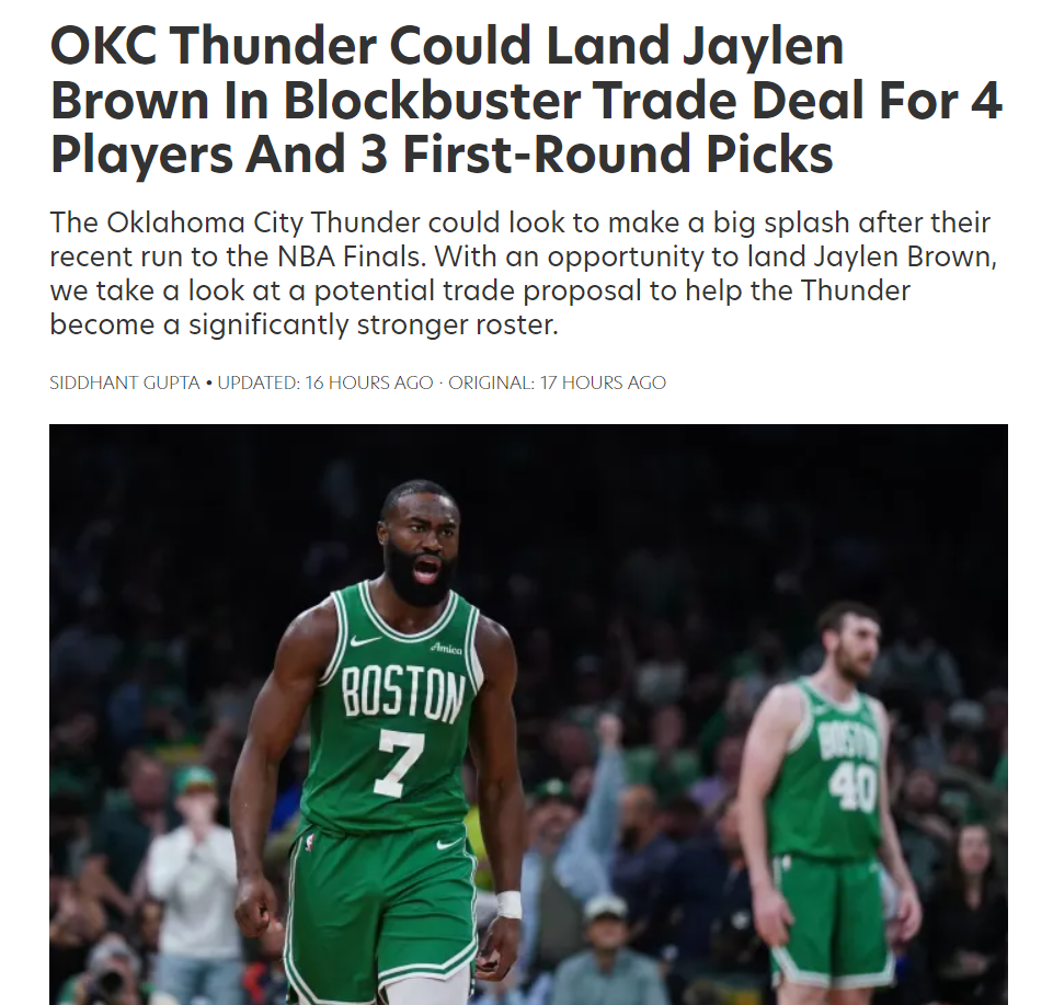 68胜雷霆还要补强?美媒建议7换3布朗组四巨:SGA关键球帮手来了