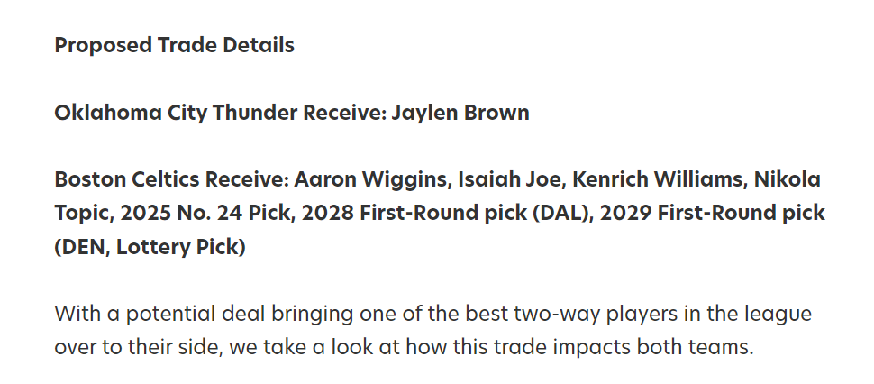 68胜雷霆还要补强?美媒建议7换3布朗组四巨:SGA关键球帮手来了