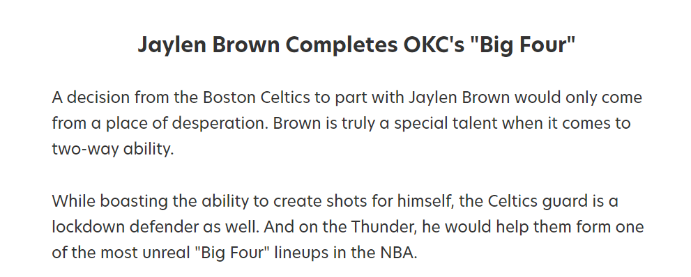 68胜雷霆还要补强?美媒建议7换3布朗组四巨:SGA关键球帮手来了