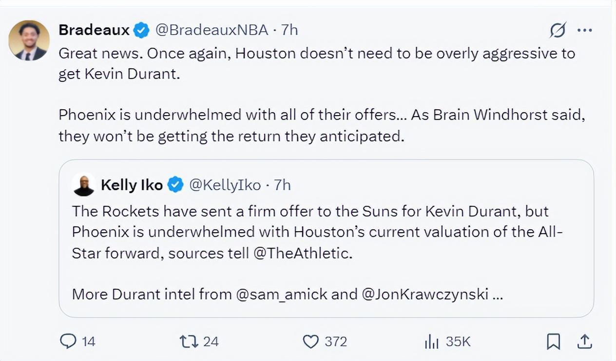 火箭用格林+10号签报价KD遭拒！太阳还索要双星 休媒重申无需加价