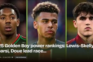 开云在线-英媒评2025金童奖热门:杜埃、库巴西、斯凯利领跑,枪手巴黎两人