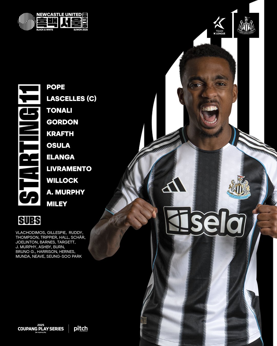 开云-纽卡vs韩K全明星首发：埃兰加、托纳利领衔！墨菲、戈登在列