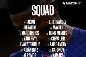 巴黎对马赛名单:K77领衔,登贝莱、杜埃、内维斯、巴尔科拉缺席