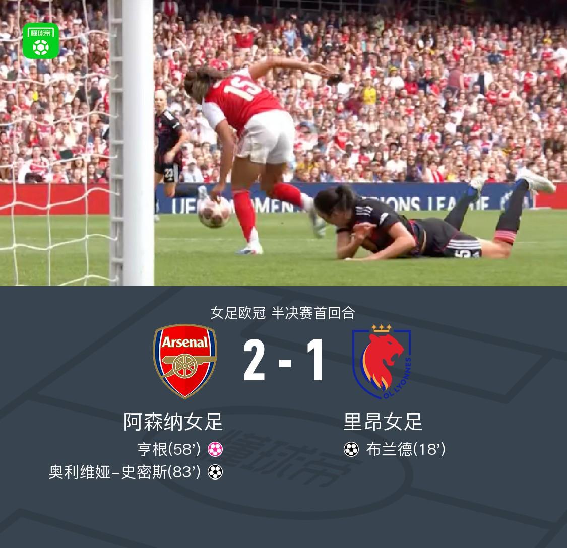 阿森纳女足2-1里昂占先机，史密斯破门，布兰德进球难救主